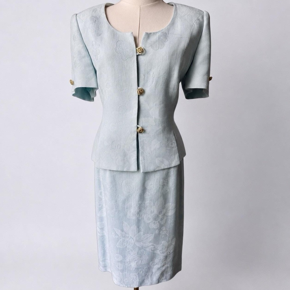Vintage William Pearson Powder Blue Floral Jacquard 2 Pc Skirt Suit